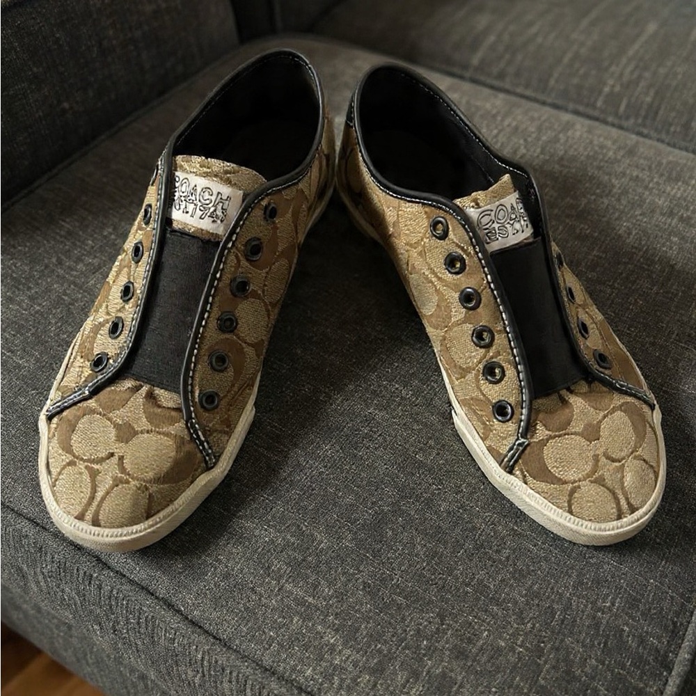 Coach Beige and Black Patterned Slip-On Shoes